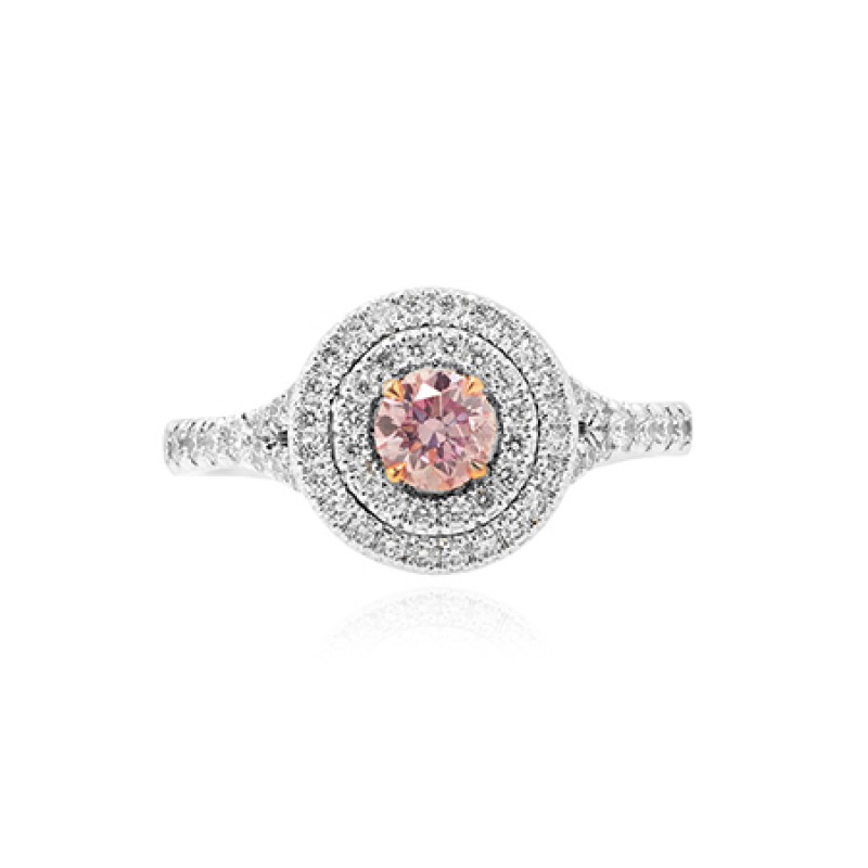Platinum and 18K Rose Gold Double Halo ring set with an Argyle Brilliant cut Fancy Purplish Pink Diamond., ARTIKELNUMMER 94562 (0,78 Karat TW)