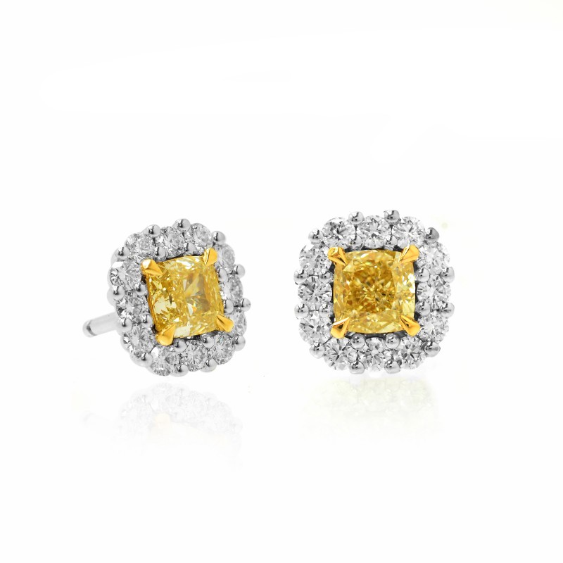 Fancy Light Yellow Cushion Diamond Halo Earrings, SKU 96853 (1.82Ct TW)