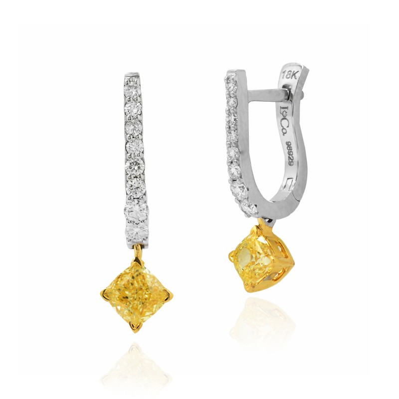 Fancy Intense Yellow Cushion Diamond Drop Earrings, SKU 98929 (1.32Ct TW)