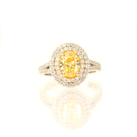 1.30Ct Fancy Light Yellow Oval Diamond Double Halo Split Shank Ring, SKU C5229 (1.30Ct TW)