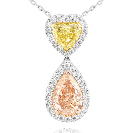 Fancy Yellow Diamond Heart and Fancy Light Pink Diamond Pear Necklace, SKU 28960 (1.52Ct TW)