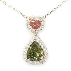 1.26 Carat, Fancy Dark Grayish Yellowish Green Pear & Fancy Vivid Pink Heart Pendant, Pear, SI2