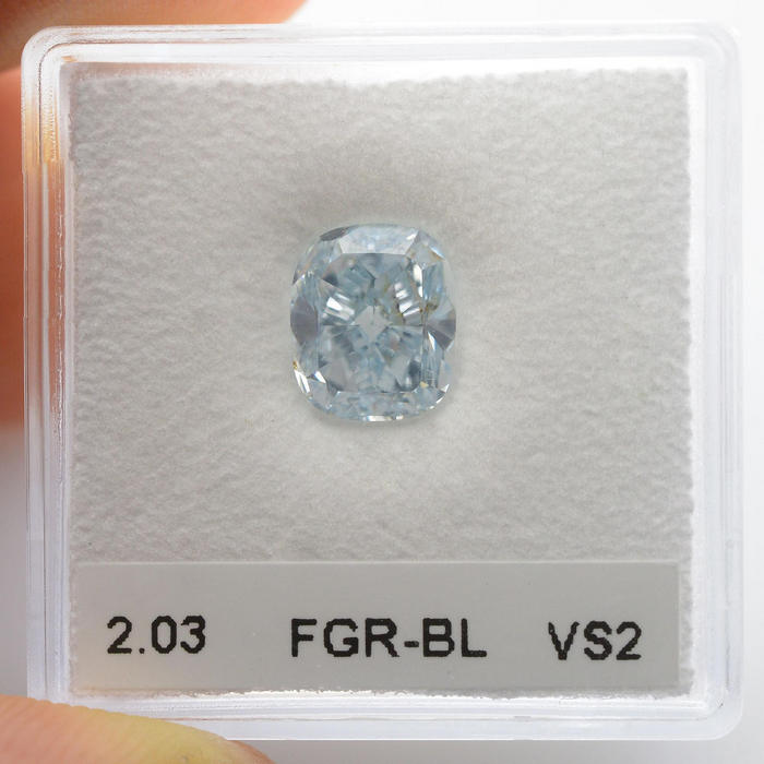 2.03 carat, Fancy Greenish Blue Diamond, Cushion Shape, VS2 Clarity, GIA, SKU 323977