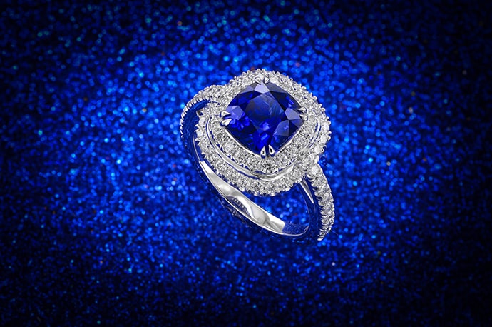 Blue Sapphire and Diamond Double Halo Platinum Ring (3.67Ct TW)