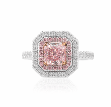 A purplish pink argyle diamond double halo ring